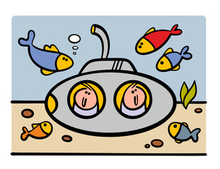 Cartoon people and funny characters swim deep in a submarine and explore the flora and fauna of the ocean. Vector illustration of fish looking at  vehicle.