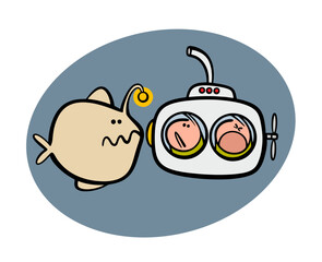Sea monster and a submarine met at the depths of the sea.  Vector illustration of a scary huge fish with  lantern and frightened wayfarers on the ocean floor in the dark.