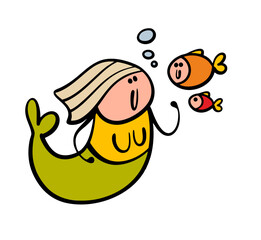 Cartoon mermaid swims in the sea and talks to fish. vector illustration of a woman with a tail from a fairy tale. Sea character with long hair,  beautiful girl, the daughter of a king.