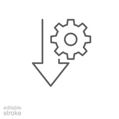 Performance drop icon outline style. A gear next to a large downward arrow representing system failure or decline in productivity. Thin line symbol vector illustration. Editable stroke