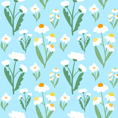 Chamomile branches and flowers patetrn on blue background. Trendy flat daisy seamless pattern for textile, fabrics, wrapping paper, prints, home decor