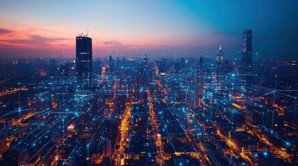 Fototapeta premium futuristic cityscape at twilight illustrating data connectivity and technological advancement emphasizing seamless network integration and digital infrastructure optimization