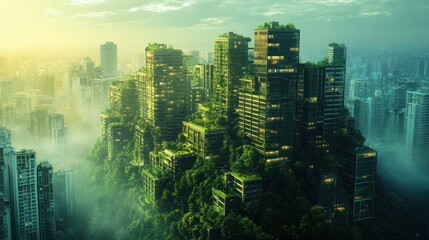 a vision of urban resilience showcasing futuristic eco-friendly architecture where verdant greenery seamlessly integrates with towering skyscrapers illustrating sustainable city planning
