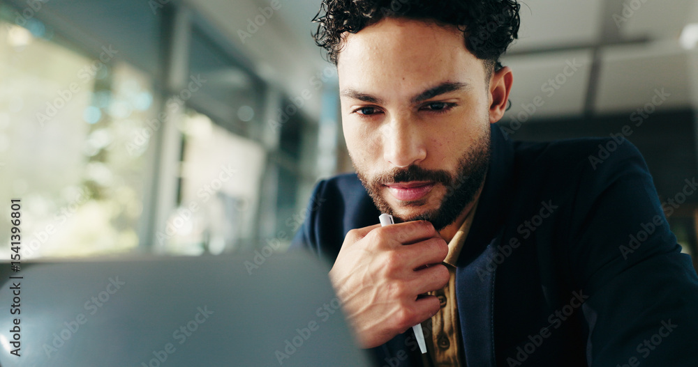 Poster thinking, laptop and business man in office for solution, planning and problem solving for investmen