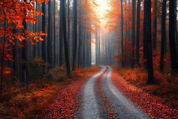 Obraz premium Tranquil Autumn Forest Landscape with Tall Trees, Colorful Leaves, Sunlight, trees and footpath road