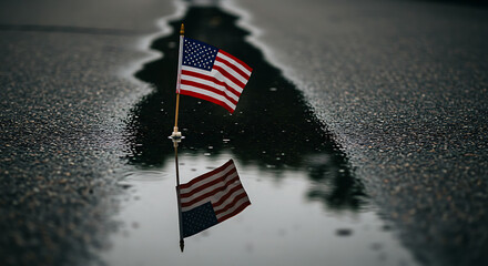 American Flag Reflection in Puddle A Patriotism Image