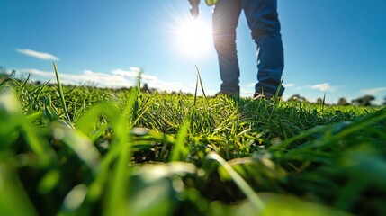 A documentary-style photograph of a farmer using a refractometer to measure the Brix levels (sugar content) of grass in a rotational grazing paddock, highlighting the scientific approach to pasture