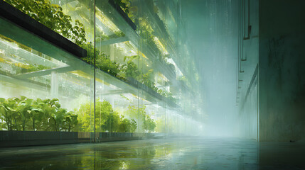 A multi-story indoor farming hub in the heart of a bustling city, with transparent elevator tubes moving between levels of vegetation. Hydroponic systems feed rows of spinach and basil, while clean,