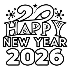 Happy new year 2026 line art vector