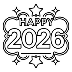 Happy new year 2026 line art vector