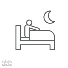 Awake at night icon outline style. A person in bed unable to sleep representing insomnia, anxiety, or night disturbance. Thin line symbol vector illustration. Editable stroke