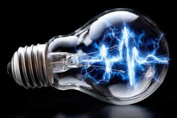Bright light bulb with electric pulse design on a black background