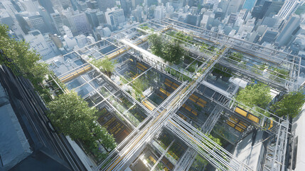 A high-angle shot of an urban rooftop converted into a vertical farming station. Metal frames support multiple growing beds, and irrigation systems run through each tier. The surrounding cityscape of