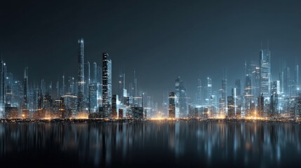 Future Cityscape with Tall Buildings and Reflections at Dusk or Nighttime