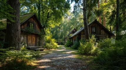 Idyllic Old Wooden Cottages by a Cobblestone Path in a Forest Clearing
