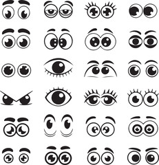 Collection of Twenty Four Cartoon Eyes Black and White Silhouette Illustrations Various Expressions Eyebrows