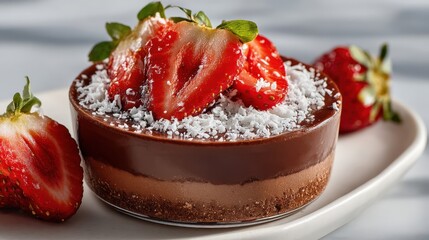 Chocolate layered dessert with strawberries and coconut shavings on a white dish