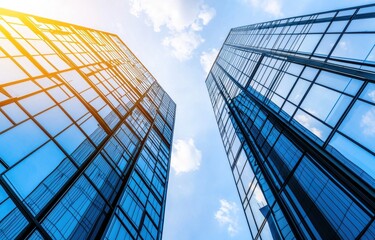Fototapeta premium Modern Glass Skyscrapers Reaching into Blue Sky Above City Streets
