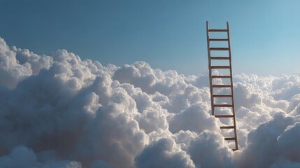 Wooden Ladder Reaching Upward Through Fluffy Clouds Under a Clear Blue Sky