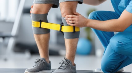 Physical Therapist Assisting Patient with Knee Joint Rehabilitation Using Tourniquet System