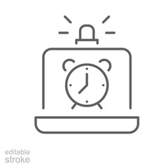 Alarm clock alert on laptop screen icon outline Thin line symbol of remote worker stress fatigue burnout time pressure editable stroke digital exhaustion overwork concept