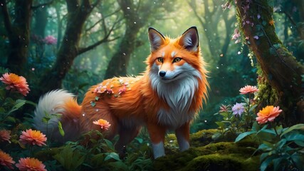 Foxy forest creature, surrounded by flowers