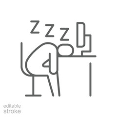 Fatigued remote worker icon Thin line editable stroke symbol of person sleeping on desk with monitor outline style representing exhaustion burnout overwork from digital screen time