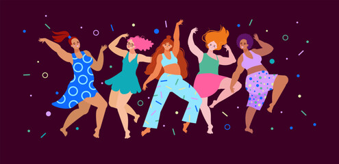Plus size women dancing. Body positive people in motion. Curvy female body. Plus size fashion
