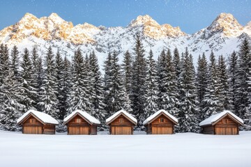 Fototapeta premium Cozy wooden cabins in snowy landscape with majestic mountain backdrop