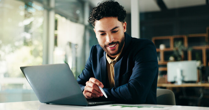 Laptop, thinking and businessman in office with data, charts or graphs for finance statistics. Computer, ideas and male financial manager with profit, revenue or forecasting for investment planning.