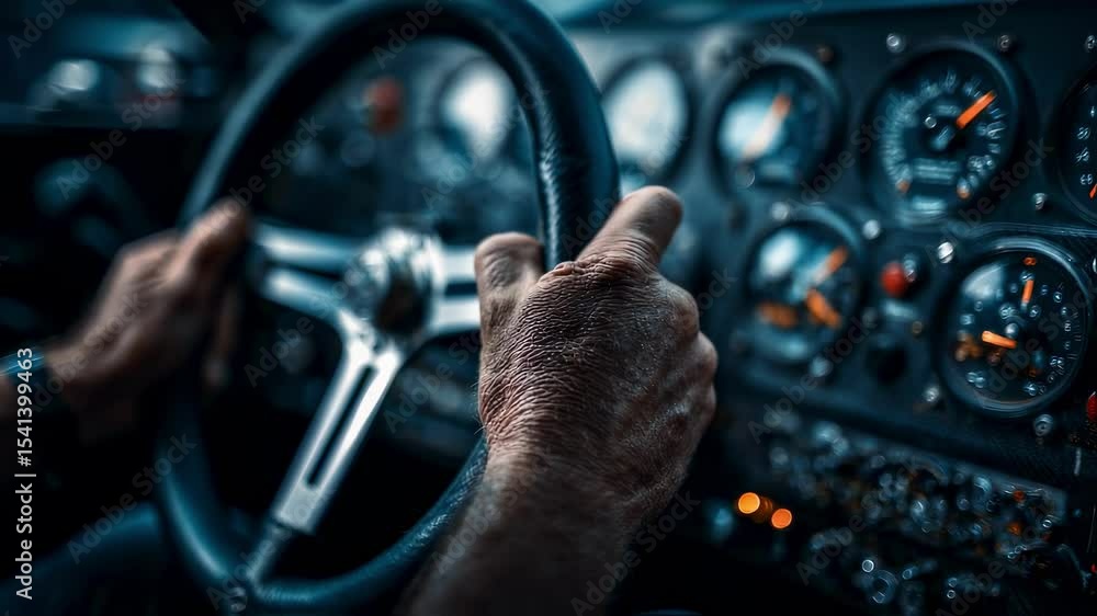 Poster professional pilot gripping steering wheel, controlling aircraft with focused concentration while na
