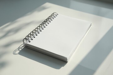 A4 format spiral binding notebook mock up on white marble background.