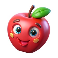A cheerful cartoon apple with big eyes and a wide smile, playfully posing against a neutral background.