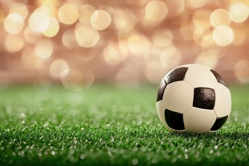 Fototapeta premium Soccer Ball on Lush Green Grass with Blurred Bokeh Background