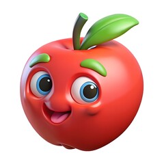 A cheerful cartoon apple with big eyes and a wide smile, playfully posing against a neutral background.