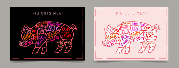 Pig Meat Cutting Kit. Butcher poster diagram, chart and guide - pork. Vintage typography, hand drawn.