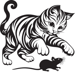 silhouette vector illustration cat playing with mouse