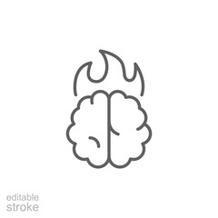 Exhausted brain icon Outline editable stroke icon showing flaming brain for mental burnout and chronic stress from job overload