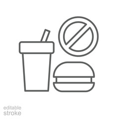 Fast food forbidden icon Outline thin line image of drink and burger with stop sign for nutrition alert or health concept