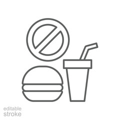 Ban junk food icon Editable line art with burger soda and prohibition sign for healthy lifestyle or diet warning message