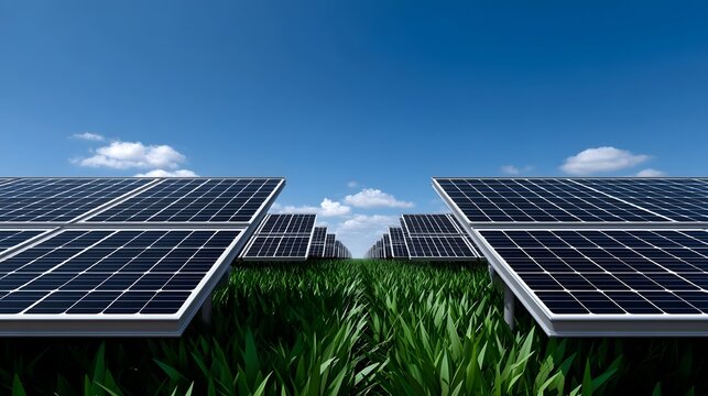Solar energy farm with rows of photovoltaic panels capturing sunlight