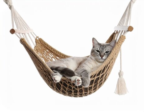 Content Cat Relaxing in a Woven Hammock on white background