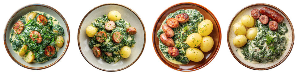 Creamed Spinach with Potatoes and Sausage Arrangement on Plate, PNG set transparent background