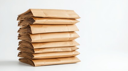 A detailed product photography shot of a stack of identical Brown Paper Shopping Bag Mockups, showcasing their uniform quality and the potential for bulk branding, against a clean, white background