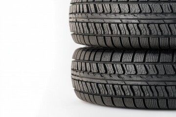 Close-Up Stack of Black Rubber Car Tires on White Background