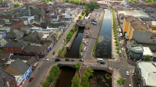 Overhead aerial video of Newry Canal in Newry City, County Down in Northern Ireland, UK on a bright and sunny day. Filmed in 4K, 60FPS and with Rec709 color.