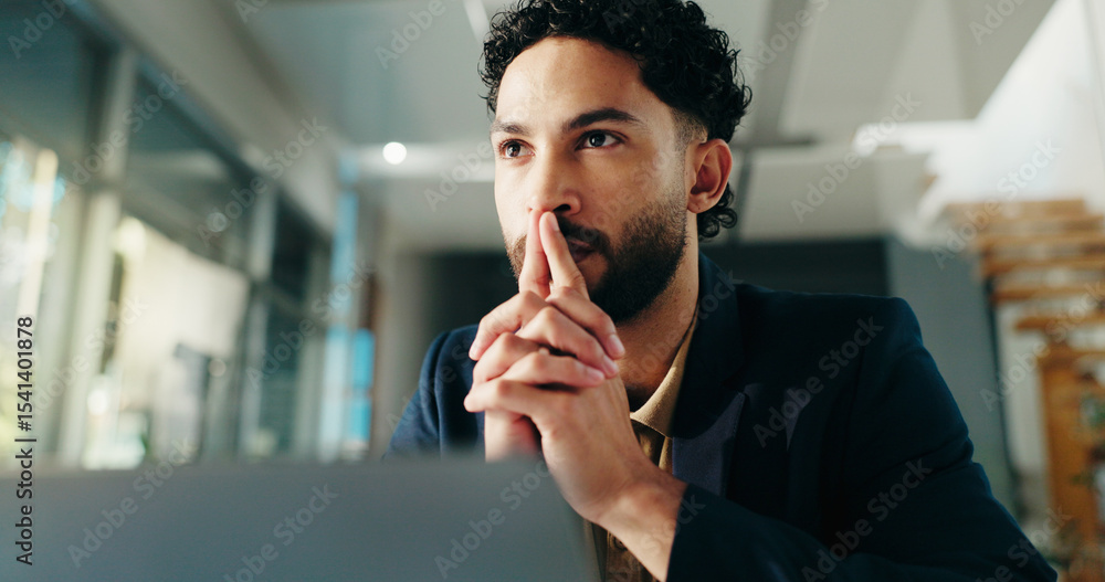 Poster thinking, laptop and business man with idea for solution, planning and problem solving for investmen