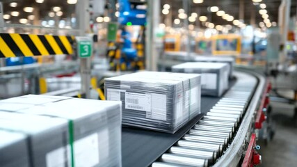 Boxes of sterile medical equipment glide along conveyor as worker swiftly seals them, robotic arms and labeling machines active in background