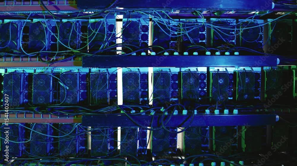 Poster multiple rows of bitcoin mining rigs with cooling fans and tangled cables, lit by blue light in a da