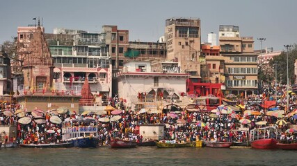 Dashashwamedh Ghat with temple and religion peoples. day time, truck shot, 4k.